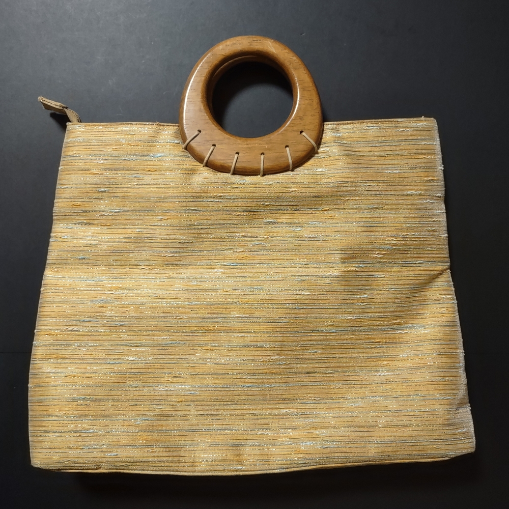 Cabrelli Elegant Tan Gold Blue Brown Handbag with Wooden Handle 12" x 15"